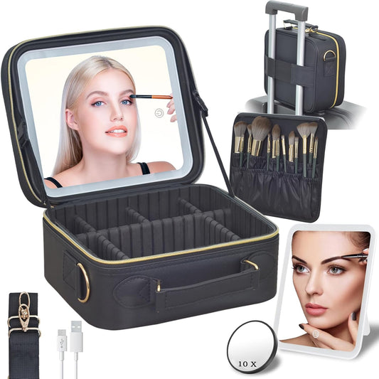 Glow Up on the Go! ✨ Travel Makeup Bag with LED Mirror - Perfect for glam on the move! 💄✨ Adjustable Brightness, Customizable Dividers, and Tons of Storage! Ideal Gift for Her! 🎁🖤