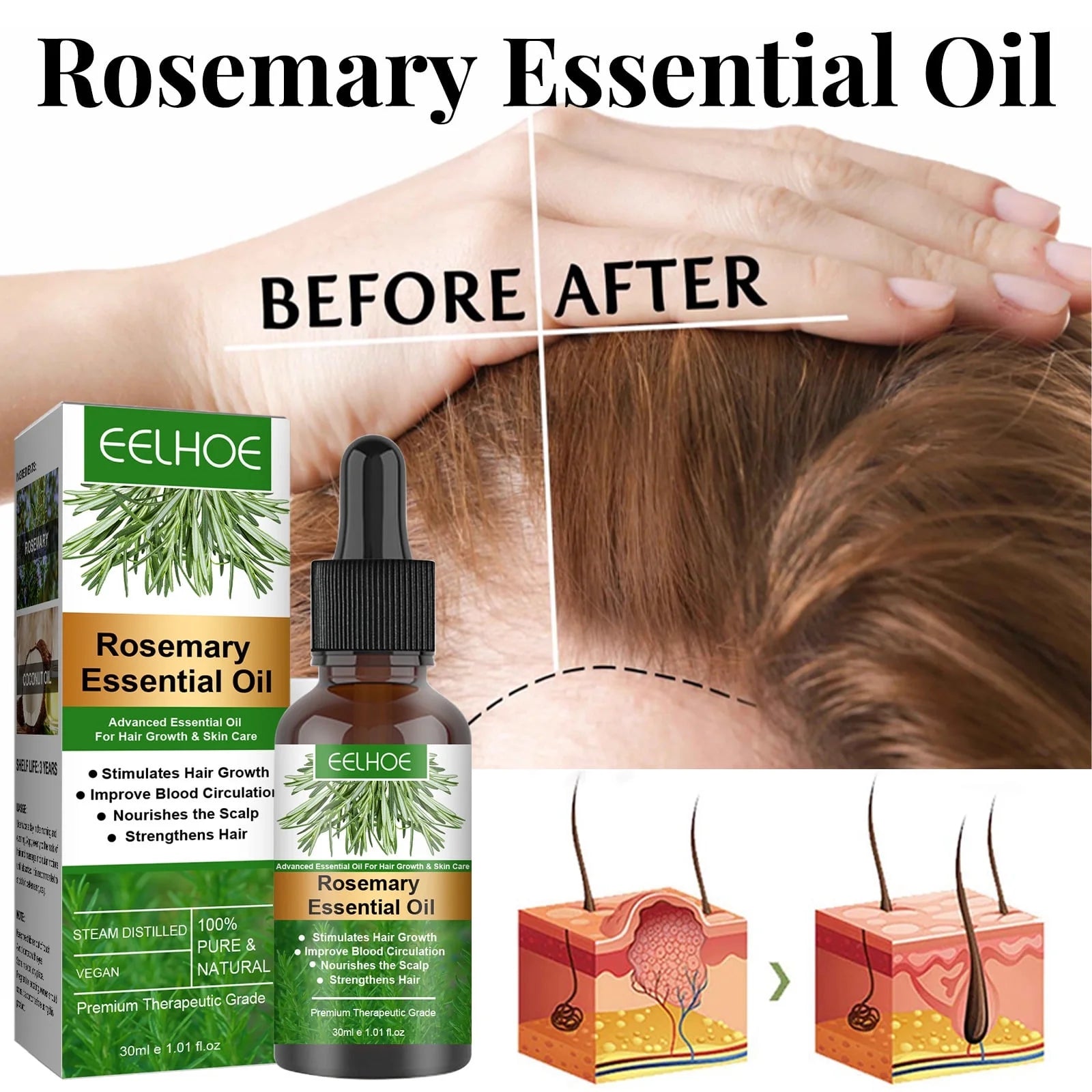 2 Pack Rosemary Oil for Hair Growth & Skin Care,Organic Rosemary Essential Oils, Natural Rosemary Oil for Hair Loss Treatment, Stimulates Hair Growth, Scalp Massager